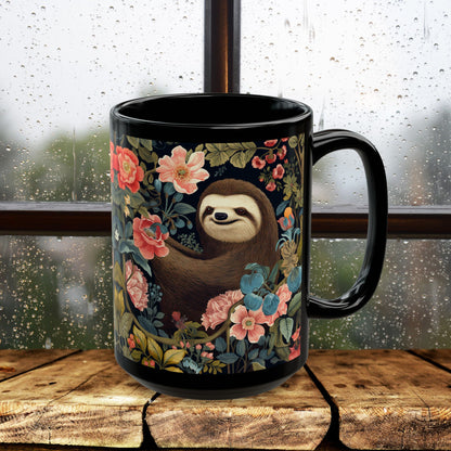 Floral Sloth Black Mug - Cute Coffee/Tea Cup (11oz & 15oz)