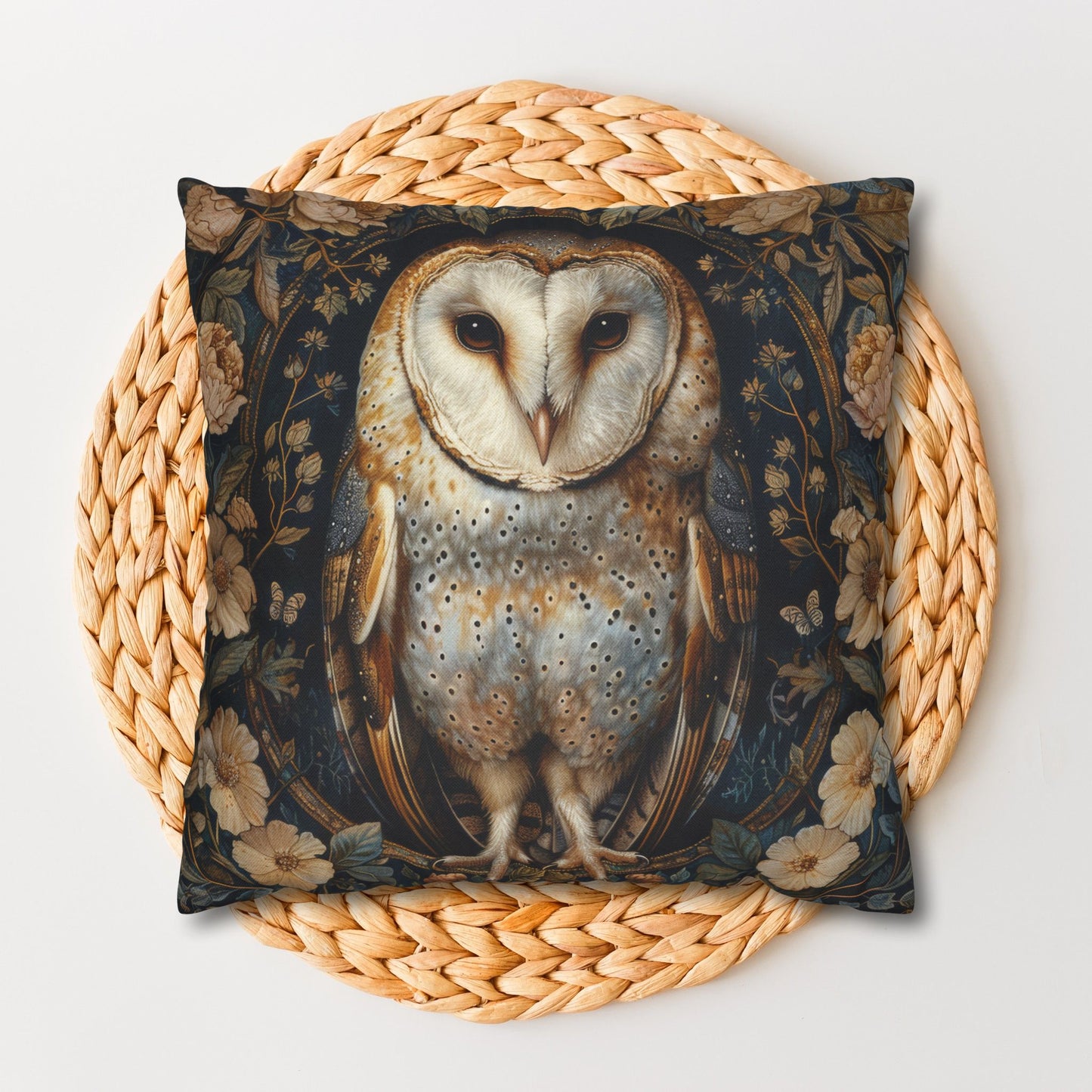 William Morris Inspired, Forest Floral Art, Decorative Barn Owl Spun Polyester Square Pillowcase