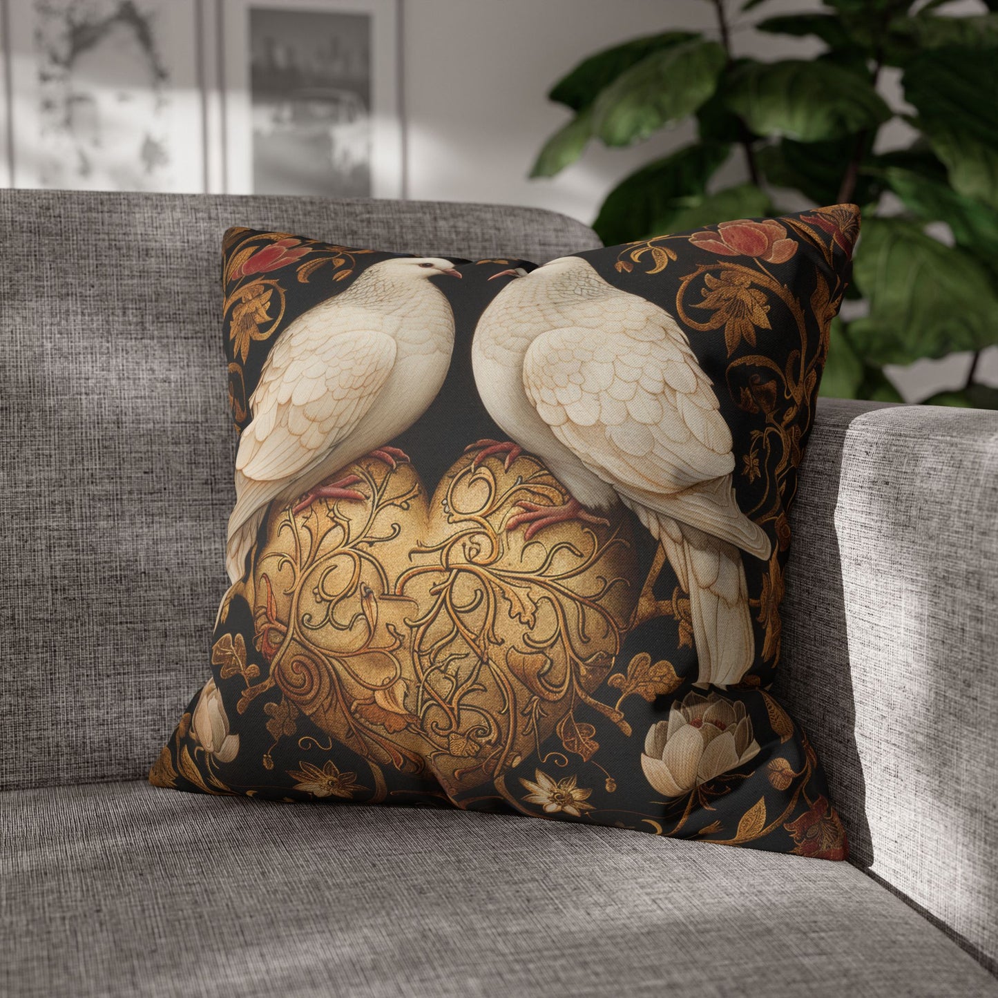 Victorian Lovebirds Pillowcase: Golden Heart, William Morris Inspired