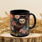 William Morris Inspired Floral Spring Sloth Black Mug