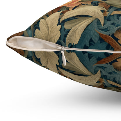 Teal Chameleon Floral Pillow, William Morris Style Lizard Cushion with Vintage Botanical Design