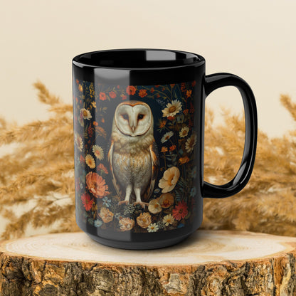 William Morris Inspired Barn Owl Wildflowers Black Coffee Mug 11oz | Mystical Owl For Her Him Ceramic Mug Black Mug