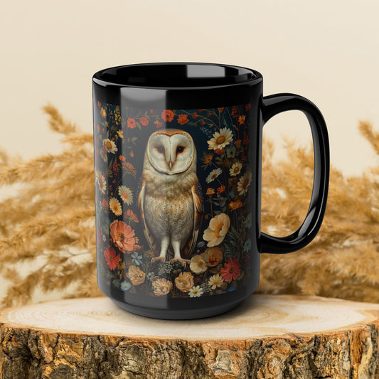 William Morris Inspired Barn Owl Wildflowers Black Coffee Mug 11oz | Mystical Owl For Her Him Ceramic Mug Black Mug