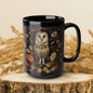 William Morris Inspired Barn Owl Wildflowers Black Coffee Mug 11oz | Mystical Owl For Her Him Ceramic Mug Black Mug