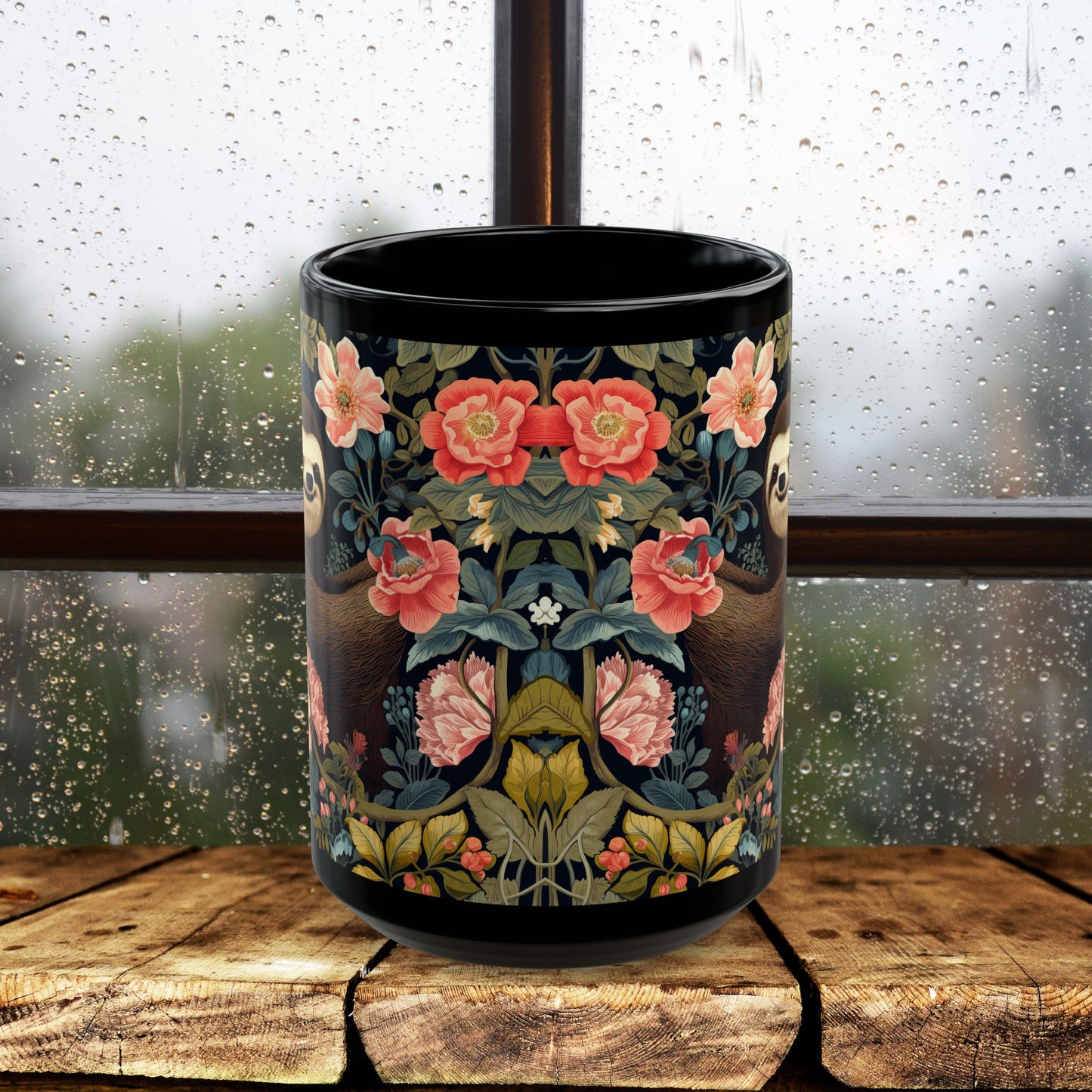 Floral Sloth Black Mug - Cute Coffee/Tea Cup (11oz & 15oz)