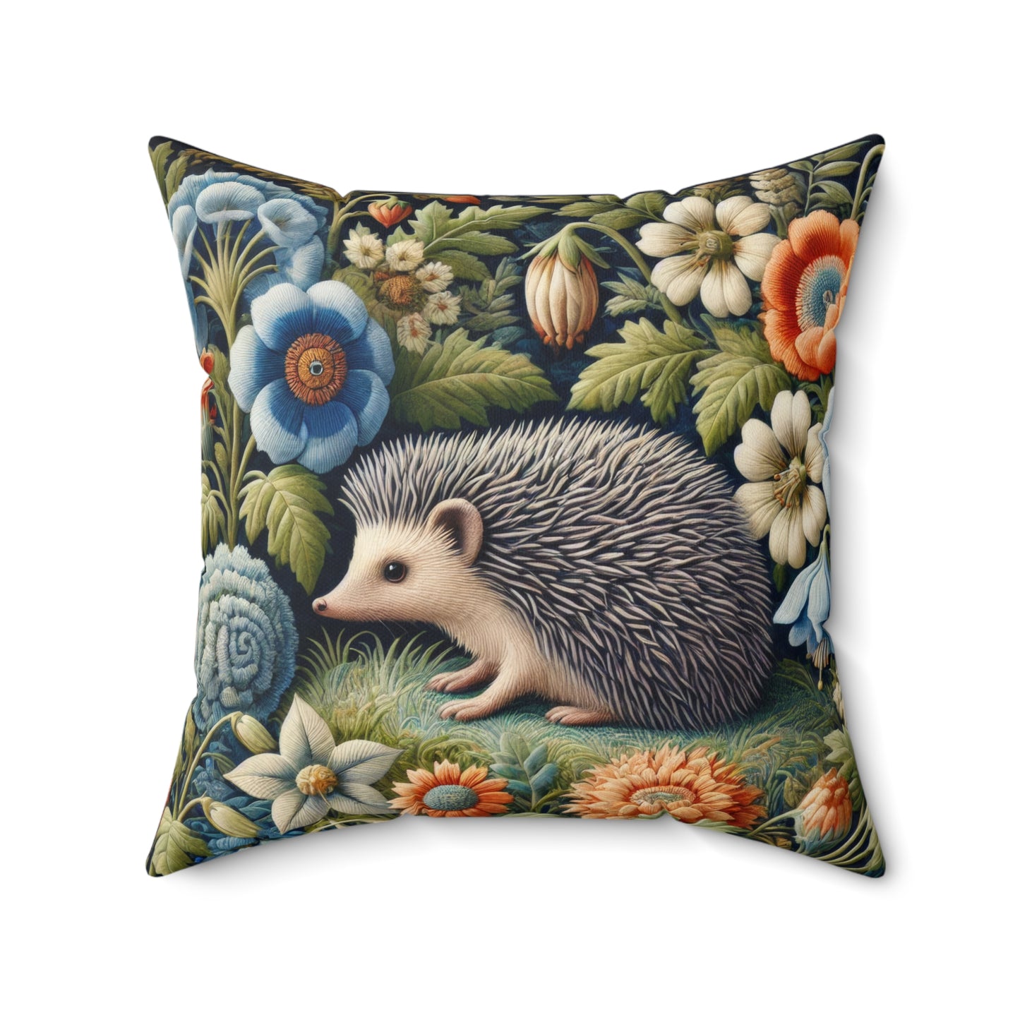 Hedgehog Square Pillow, William Morris Inspired Decorative Cushion, Botanical Home Decor Accent