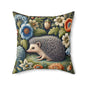Hedgehog Square Pillow, William Morris Inspired Decorative Cushion, Botanical Home Decor Accent
