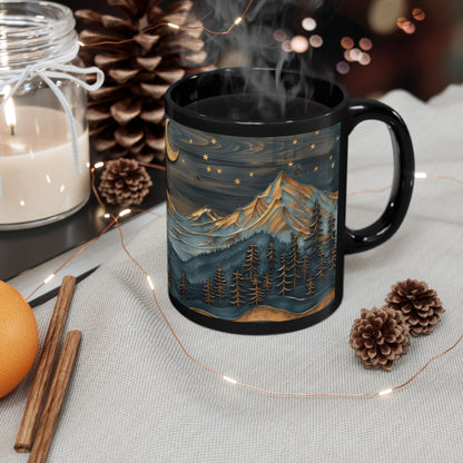 Wooden Crescent Moon Mountain Landscape Black Mug, Winter Carved Wood Art Style Coffee Cup (11oz, 15oz)  Mountain Lover Gift