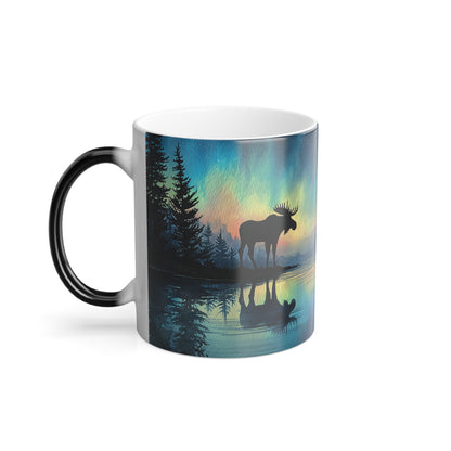 Northern Lights Moose Color-Changing Mug, Watercolor Art Style, Heat Reveal Coffee Cup 11oz