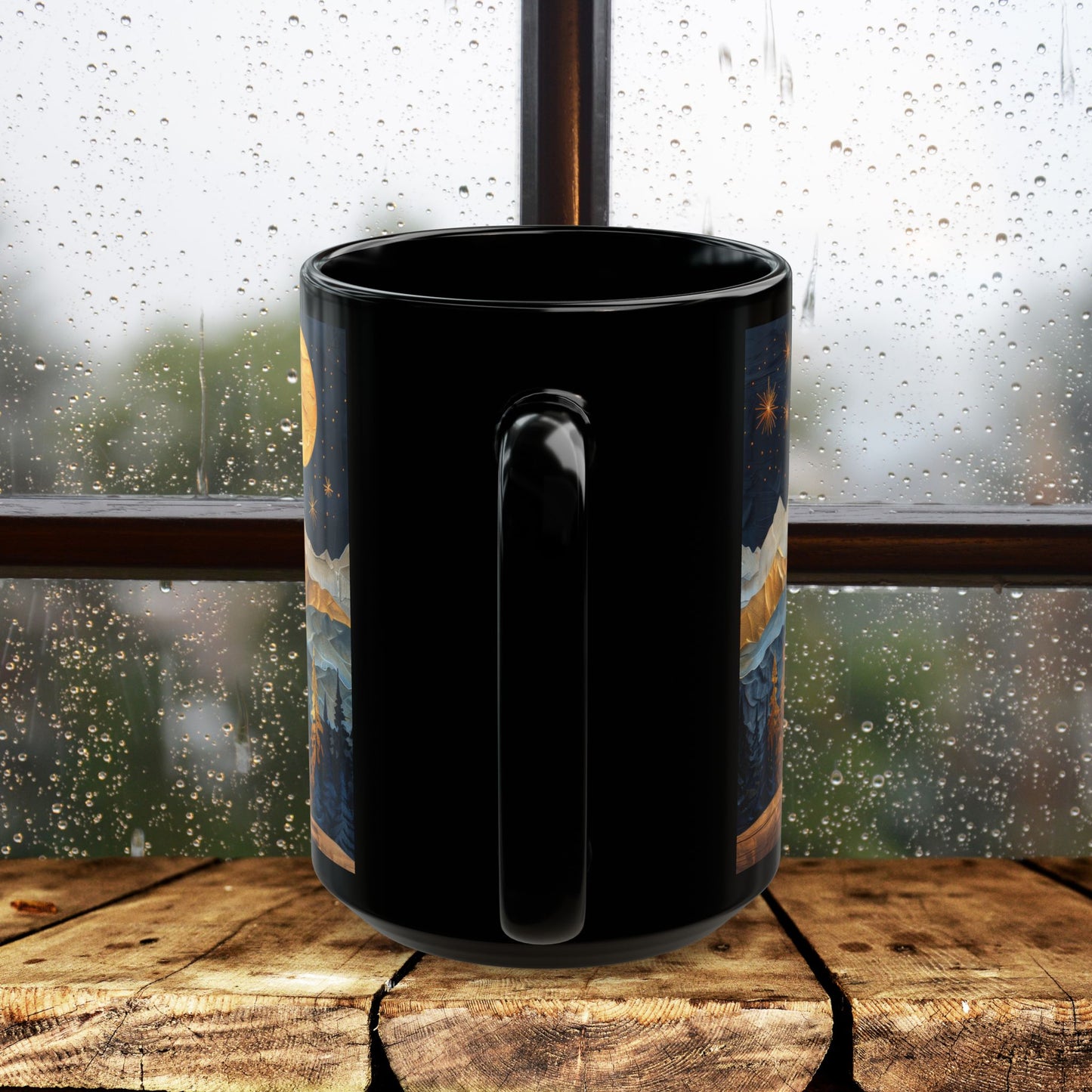 Mountain &amp; Pine Trees Black Coffee Mug, Carved Wood Style Landscape, Starry Night Moonlit Forest Cup, Nature Lover Gift (11oz/15oz)