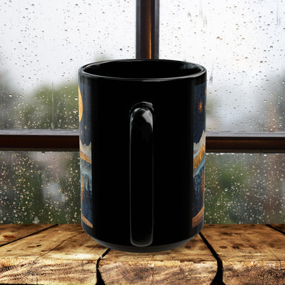 Mountain &amp; Pine Trees Black Coffee Mug, Carved Wood Style Landscape, Starry Night Moonlit Forest Cup, Nature Lover Gift (11oz/15oz)