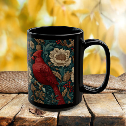 Red Cardinal Coffee Mug William Morris Inspired Floral Black Ceramic Cup (11oz, 15oz)