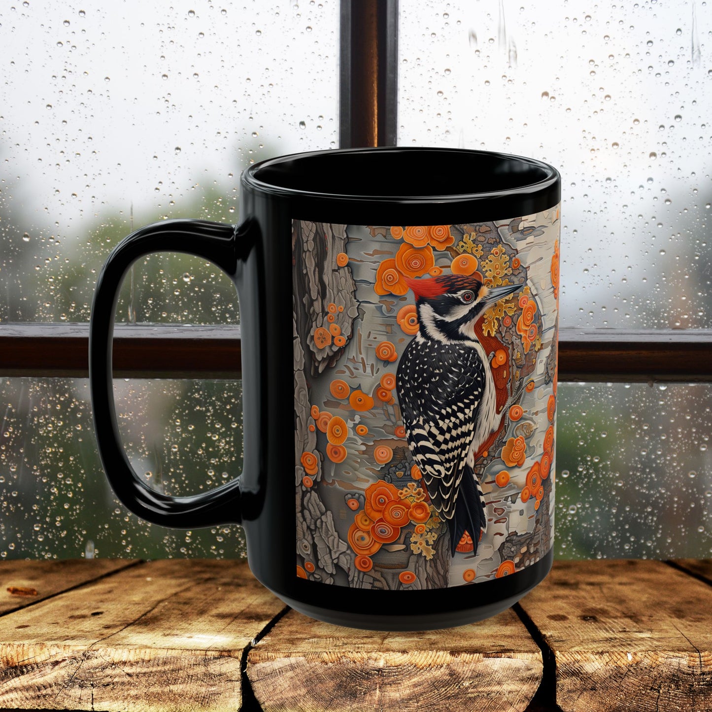 Woodpecker Black Mug - Vibrant Forest Bird Coffee Cup, Botanical Woodland Art Gift, Rustic Nature Drinkware