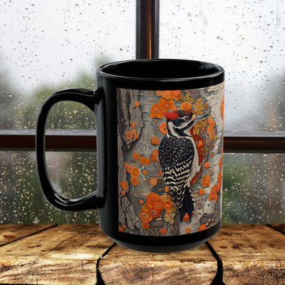 Woodpecker Black Mug - Vibrant Forest Bird Coffee Cup, Botanical Woodland Art Gift, Rustic Nature Drinkware