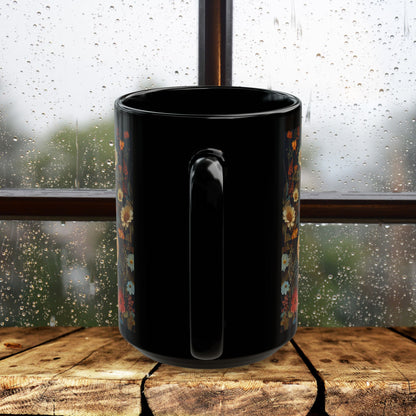 William Morris Inspired Barn Owl Wildflowers Black Coffee Mug 11oz | Mystical Owl For Her Him Ceramic Mug Black Mug