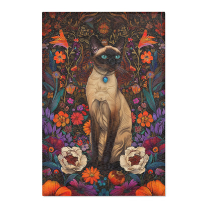 Siamese Cat William Morris Inspired Rectangle Area Rug, Floral Cat Living Room Carpet Decor, Cat Lover Home Decor Gift