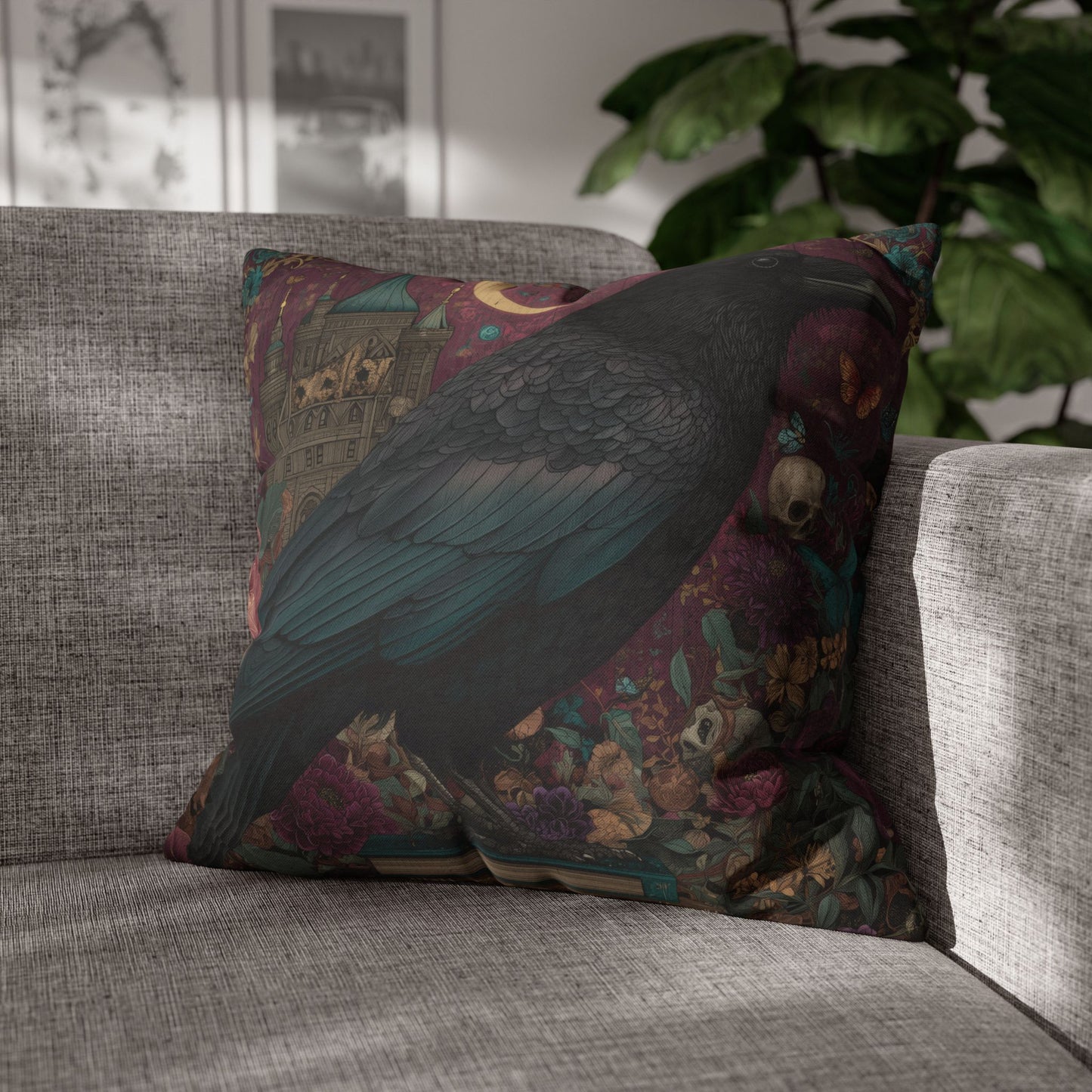 Mystical Raven Gothic Pillowcase with Floral Castle Art – Spooky Halloween Decor, Dark Academia Throw Pillow