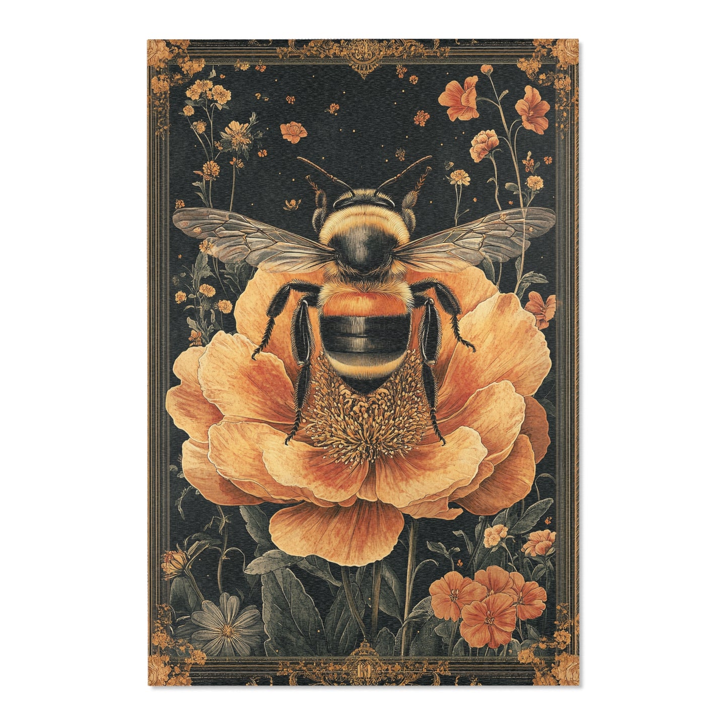 Vintage Botanical Bumblebee Rectangle Area Rug, Cottagecore Living Room Carpet, Floral Room Art Deco Rug, Housewarming Gift, Moms Gift