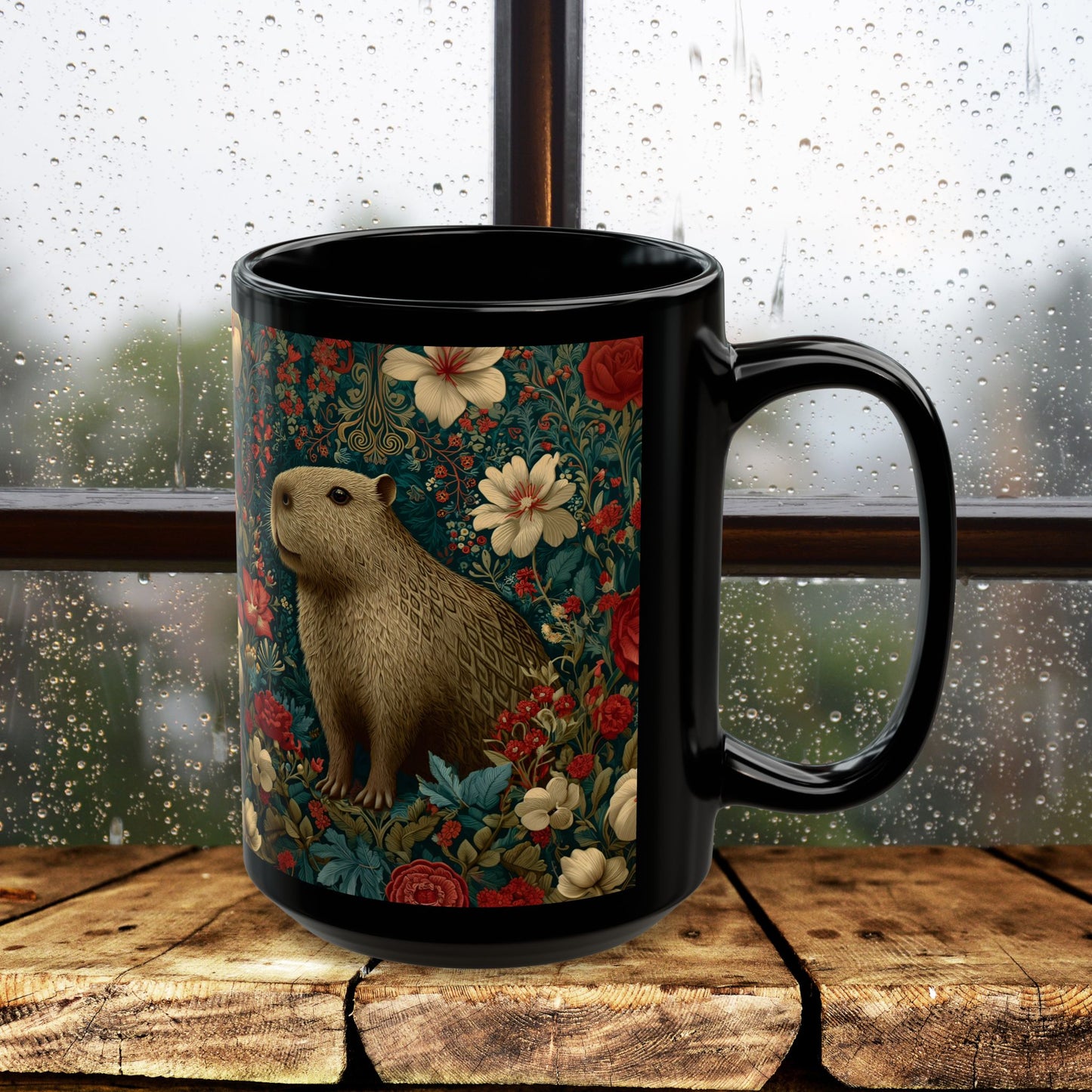 Floral Capybara Mug, Black Ceramic Woodland Coffee Cup 11oz & 15oz, Cute Nature Animal Art Gift with Vintage Botanical Flowers