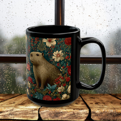 Floral Capybara Mug, Black Ceramic Woodland Coffee Cup 11oz & 15oz, Cute Nature Animal Art Gift with Vintage Botanical Flowers