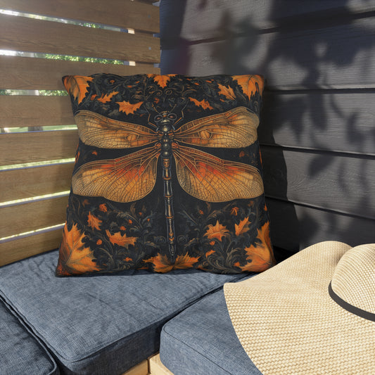 Dragonfly Autumn Outdoor Pillow, Gothic Nature Throw Pillow, Vintage Insect Cushion, Fall Leaves Patio Decor, Dark Cottagecore Accent Pillow