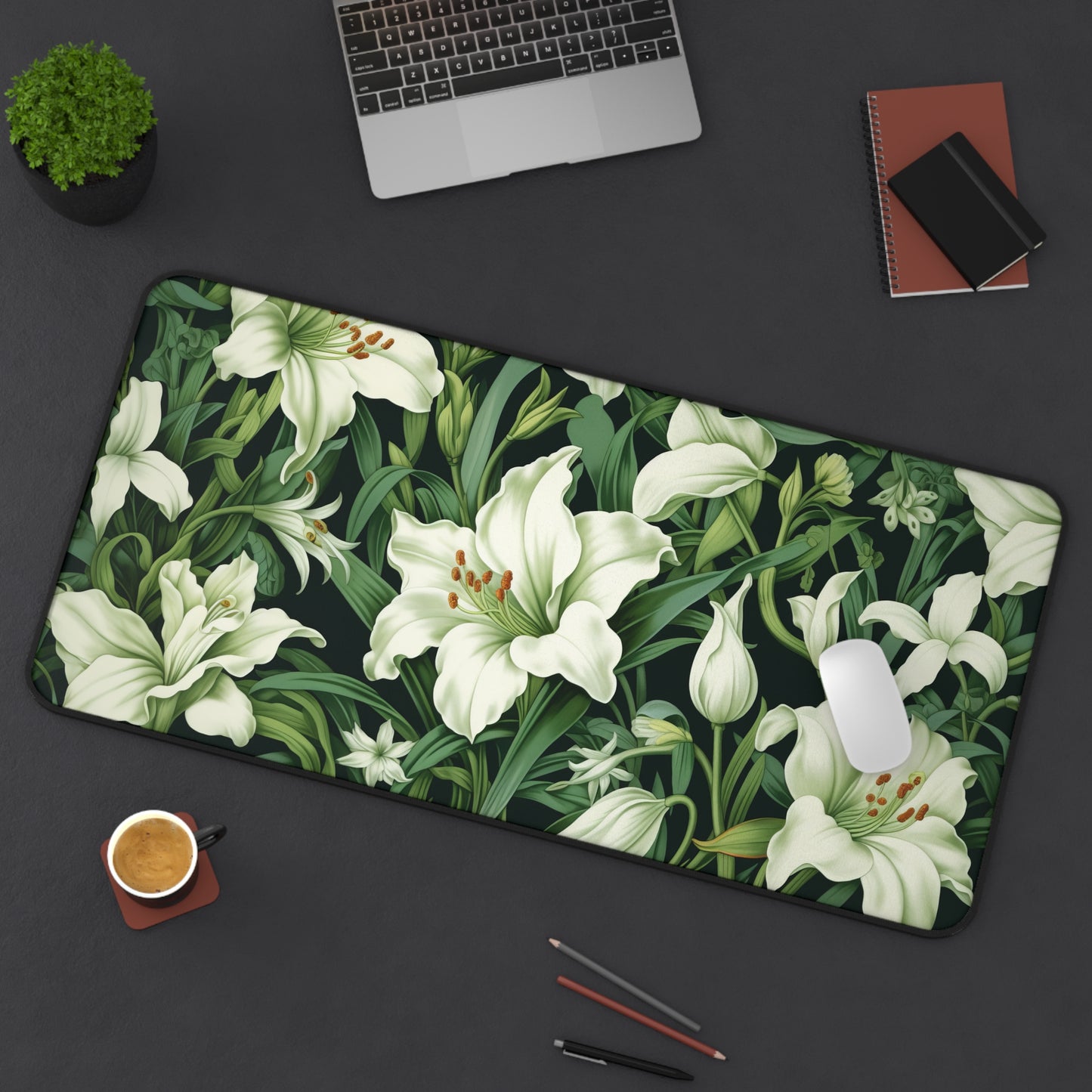 William Morris Inspired White Lily Desk Mat 2 Sizes | Green Home Decor Gift Desk Mats