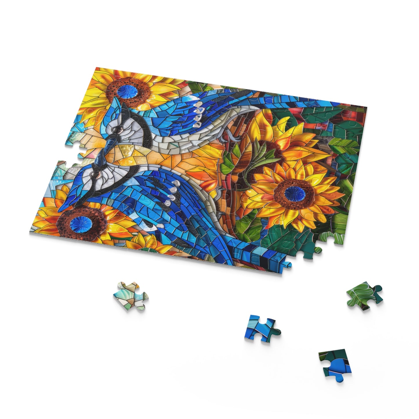 Stained Glass Blue Jay Lovebirds Sunflower Field Jigsaw Puzzle (120, 252, 500-Piece) Gift-Ready Box, Adult Jigsaw Puzzle