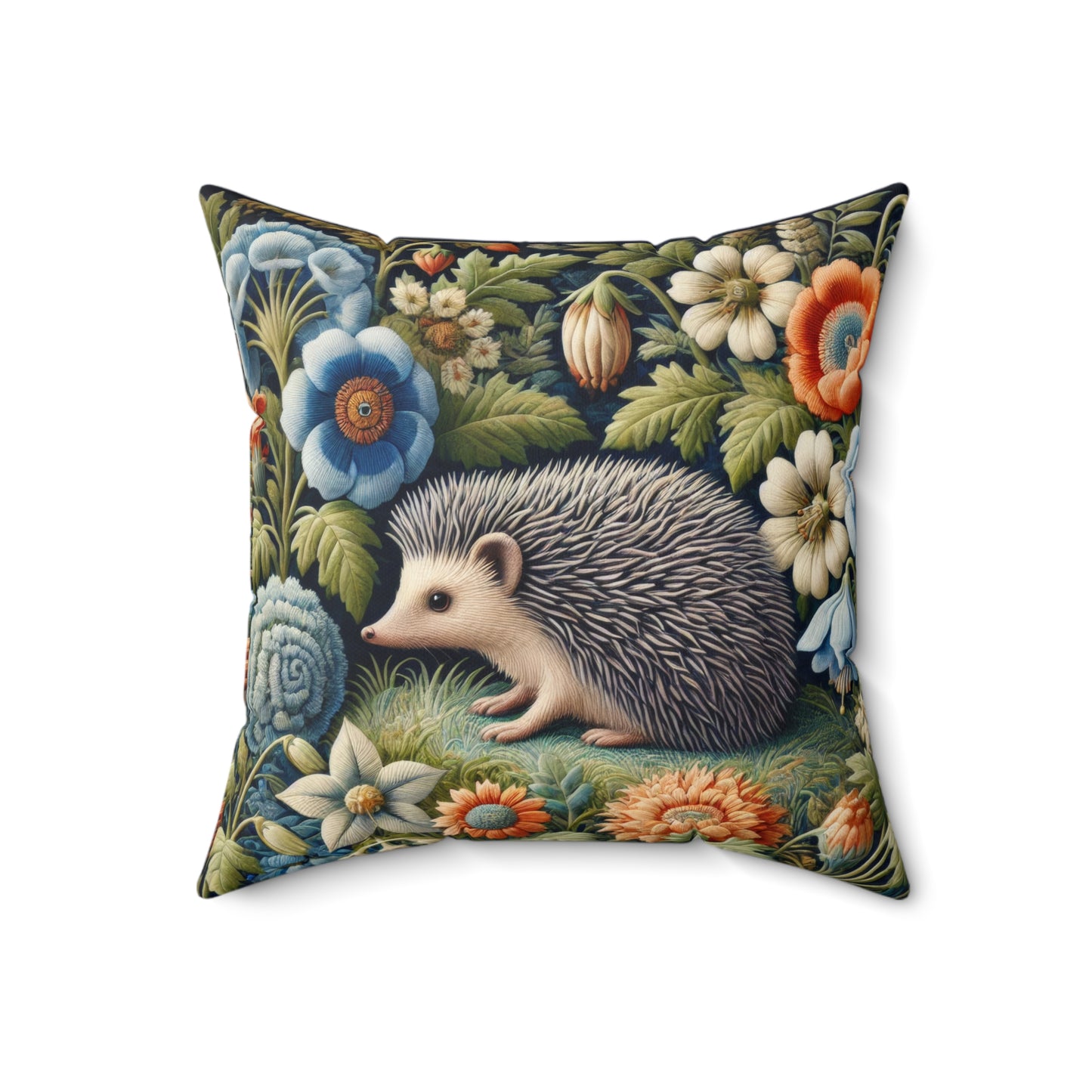 Hedgehog Square Pillow, William Morris Inspired Decorative Cushion, Botanical Home Decor Accent