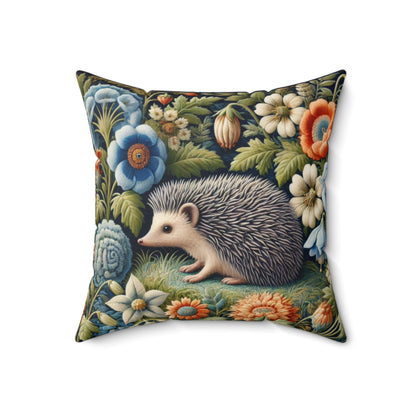 Hedgehog Square Pillow, William Morris Inspired Decorative Cushion, Botanical Home Decor Accent
