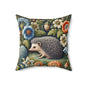 Hedgehog Square Pillow, William Morris Inspired Decorative Cushion, Botanical Home Decor Accent