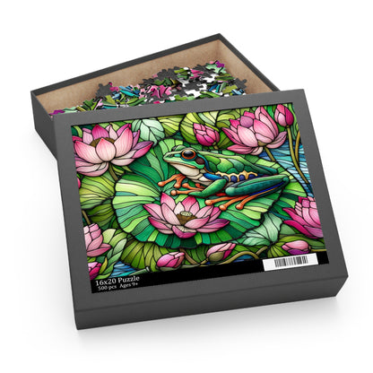 Stained Glass Frog Pink Water Lily Puzzle (120, 252, 500-Piece) Family Jigsaw Puzzle, Puzzle Box Gift