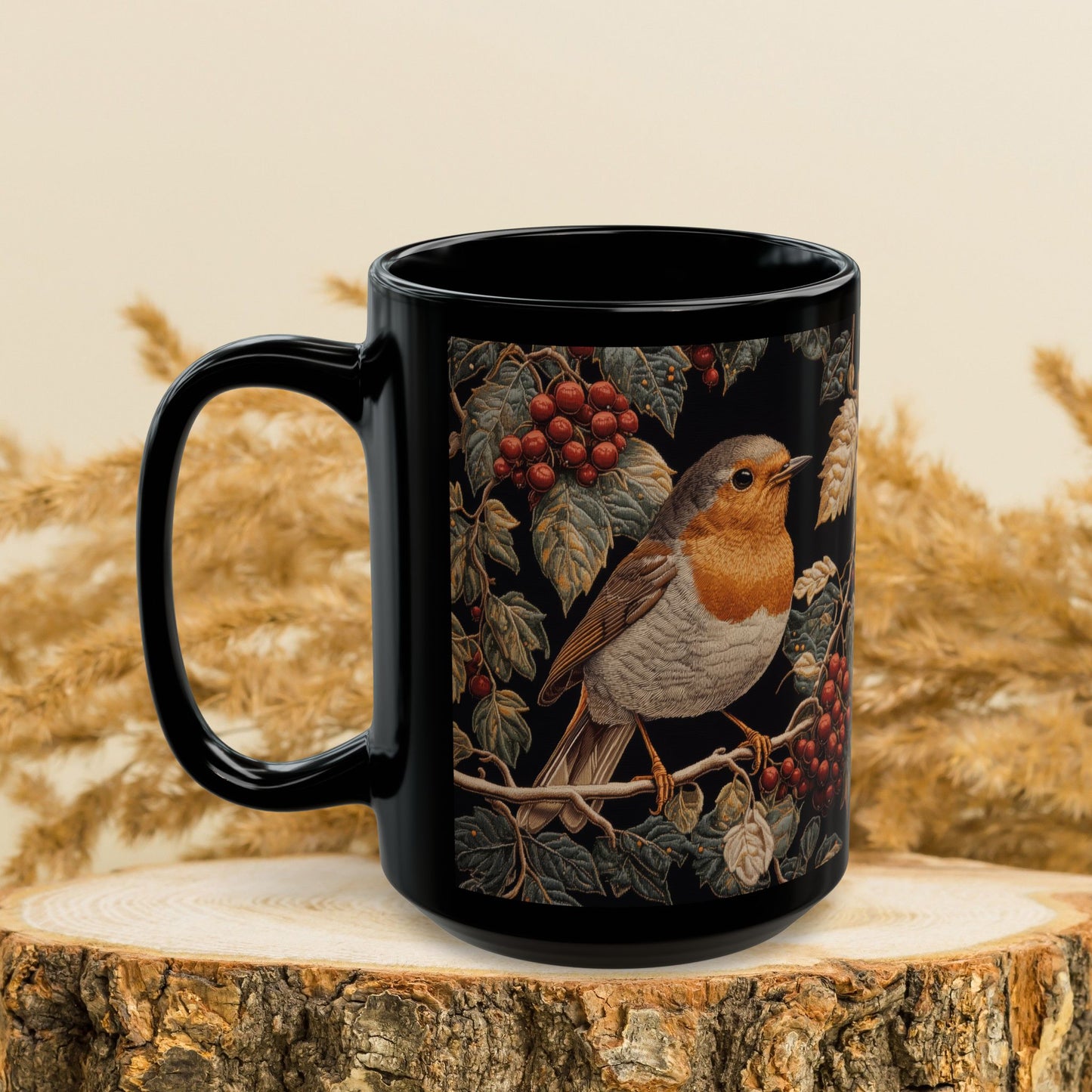 Winter Robin Black Coffee Mug, Red Berries Bird Art Cup, Woodland Nature Lover Gift, Christmas Tea Mug, Cozy Wildlife Ceramic (11oz/15oz)
