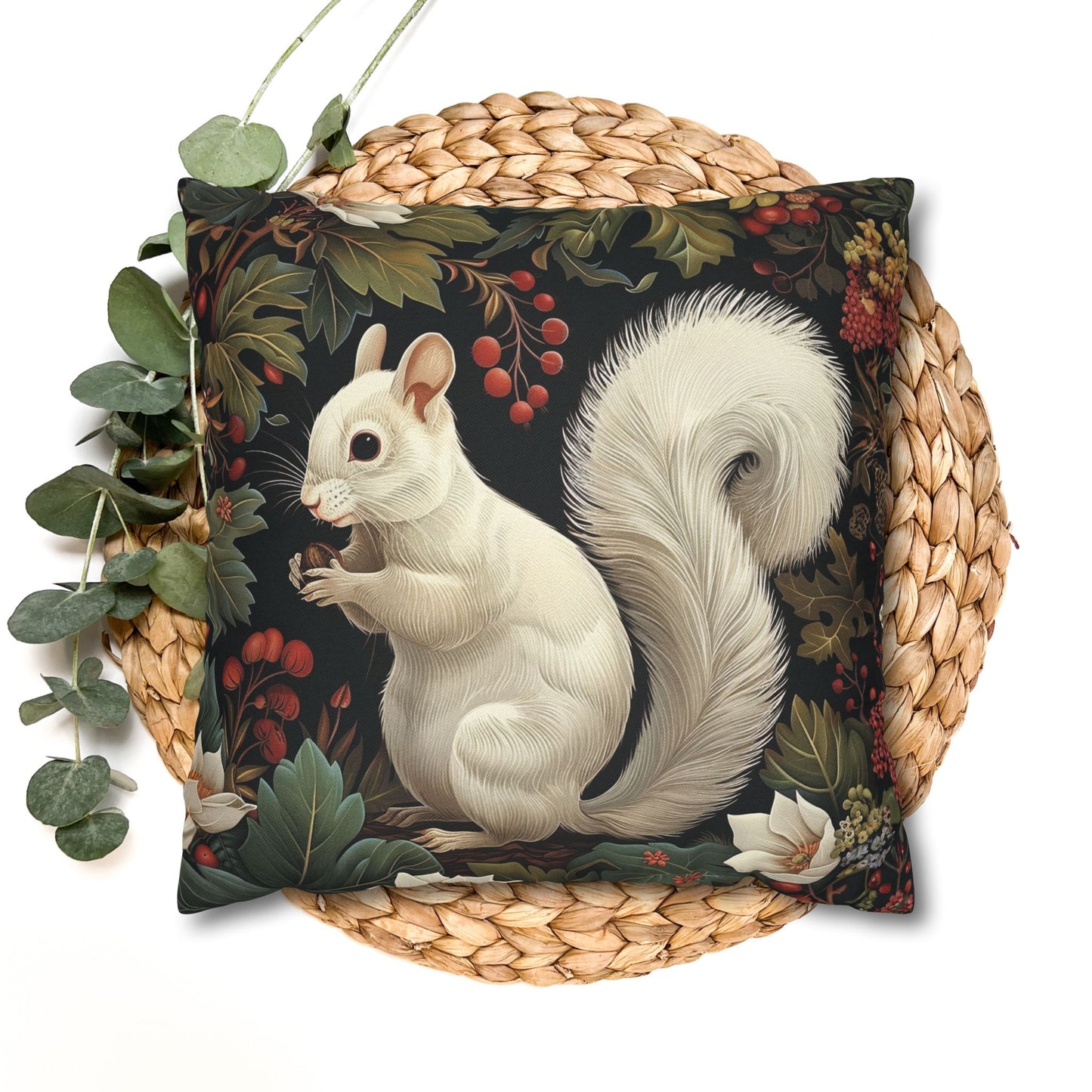 White Squirrel Decorative Pillowcase, Woodland Floral Accent