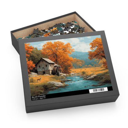 Nature Scene Puzzle, Autumn Cabin Artwork, Family Game Night, Cozy Home Decor, Gift for Nature Lovers, (120, 252, 500, 1000-Piece)