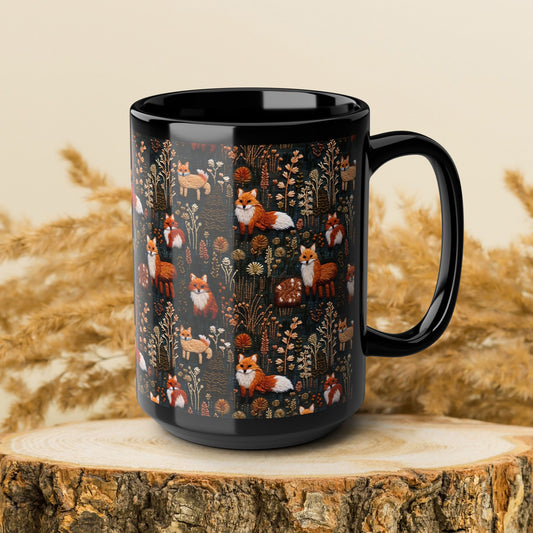 Woodland Fox Embroidery Pattern Black Coffee Mug, Cottagecore Mushrooms Kitchenware Black Mug 11 oz, 15 oz