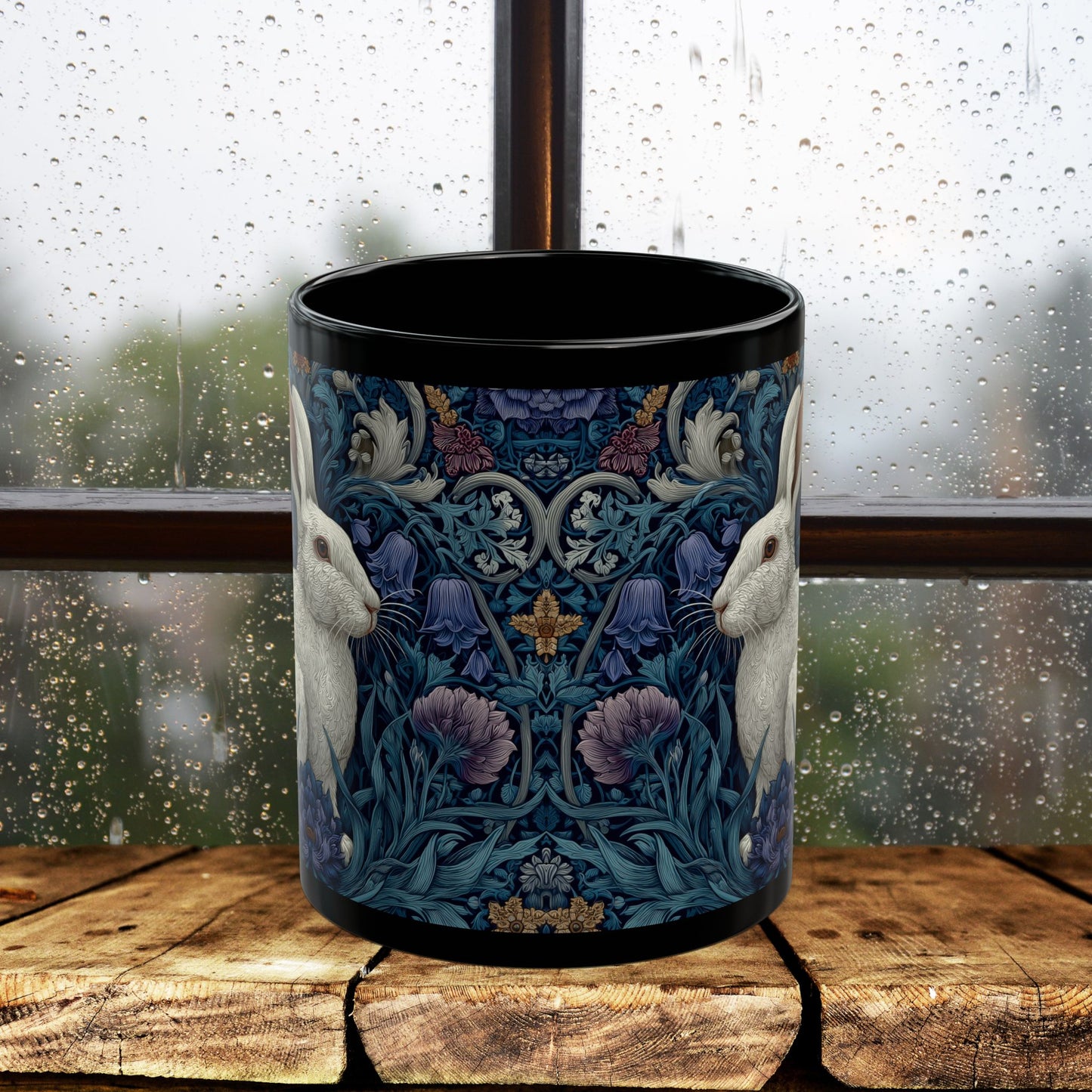 Rabbit Floral Black Mug, Vintage William Morris Style Bunny Coffee Cup (11oz/15oz)