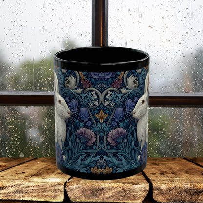 Rabbit Floral Black Mug, Vintage William Morris Style Bunny Coffee Cup (11oz/15oz)