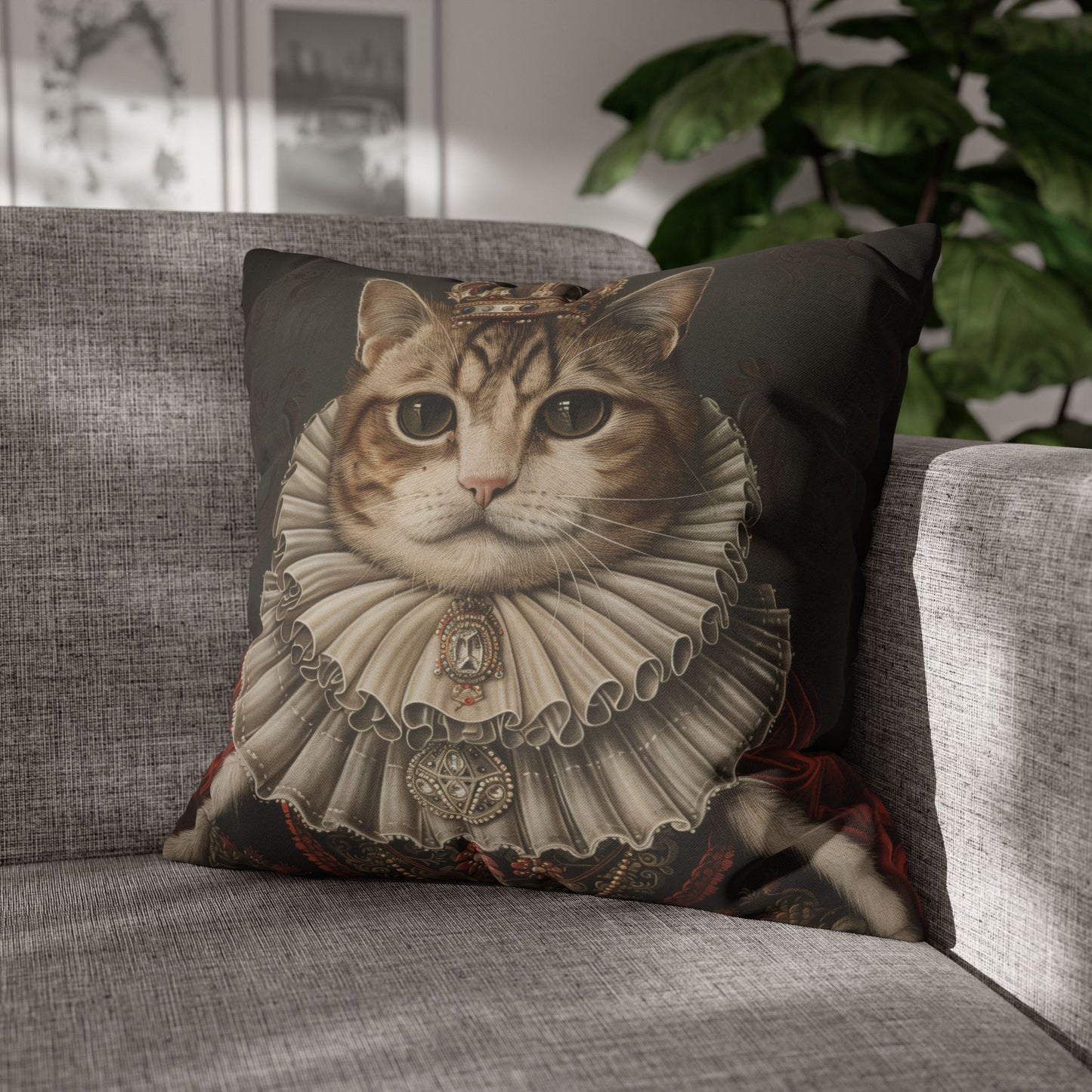 Royal Cat Pillowcase,  Aristocratic Kitty Cushion in Crown & Renaissance Attire, Whimsical Pet Portrait Home Décor