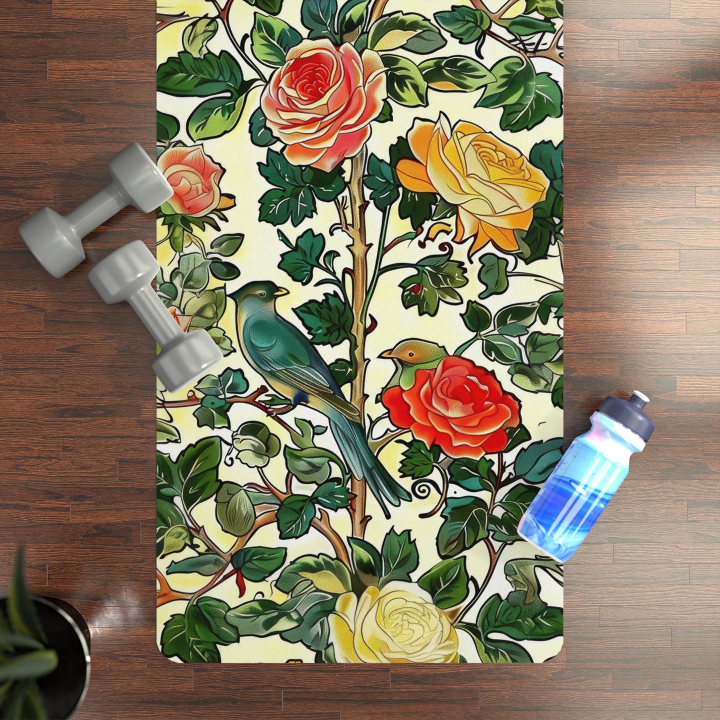 William Morris Inspired Birds and Roses Pattern Print Yoga Mats, Pilates Mat, Eco-Friendly Workout Mat, Non-Slip Exercise Mat, Yoga