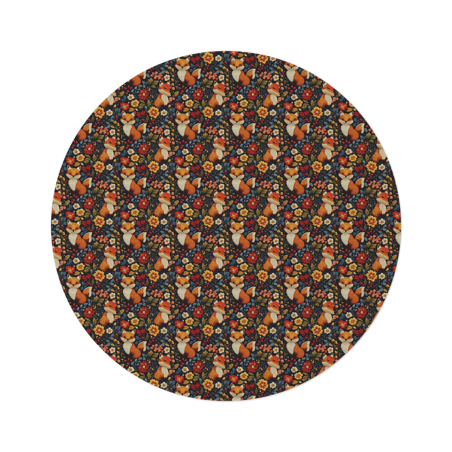 Embroidered Cute Foxes Round Rug, Fall Season Decor Carpet, Floral Pattern Area Rug