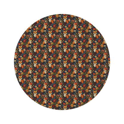 Embroidered Cute Foxes Round Rug, Fall Season Decor Carpet, Floral Pattern Area Rug