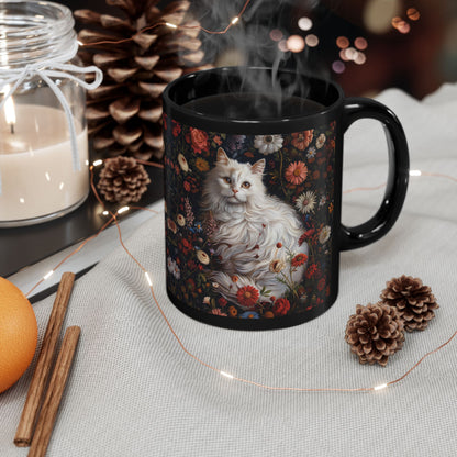 William Morris Inspired White Persian Cat Florals Garden Black Coffee Mug, Cat Lover Gift