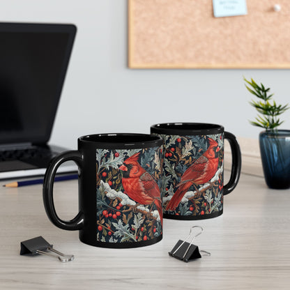 Red Cardinal Among Winter Florals Black Mug (11oz, 15oz)