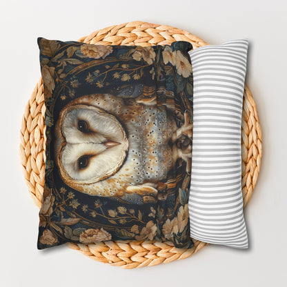 William Morris Inspired, Forest Floral Art, Decorative Barn Owl Spun Polyester Square Pillowcase