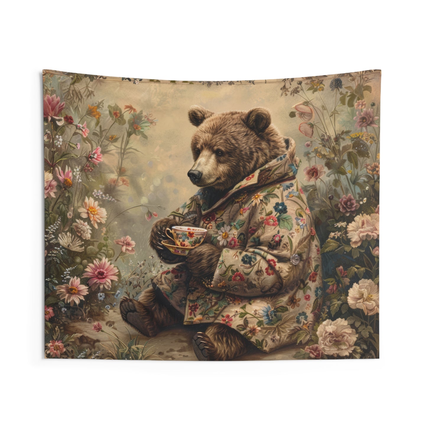 Bear Tea Time Tapestry Cozy Floral Wall Hanging