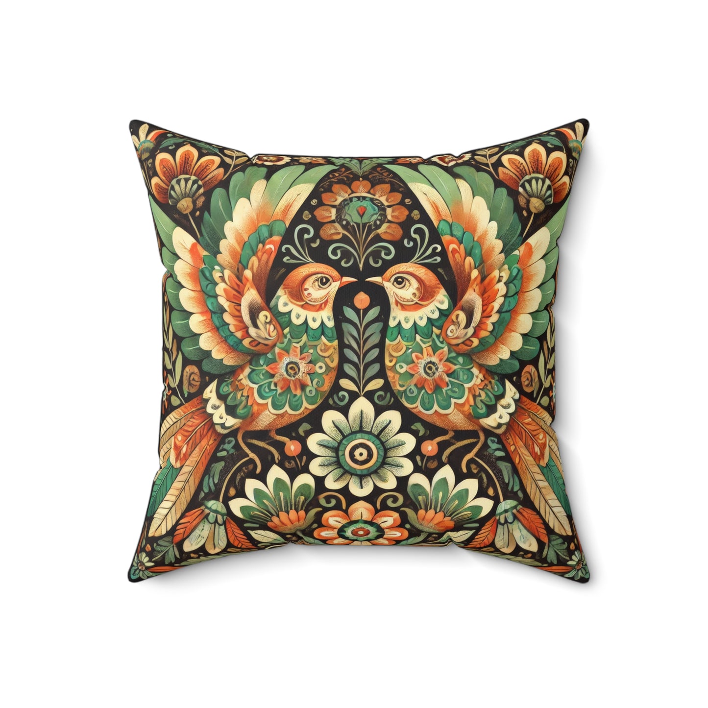Folk Art of Two Birds and Flowers Pattern Decorative Pillow