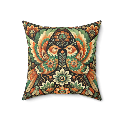 Folk Art of Two Birds and Flowers Pattern Decorative Pillow