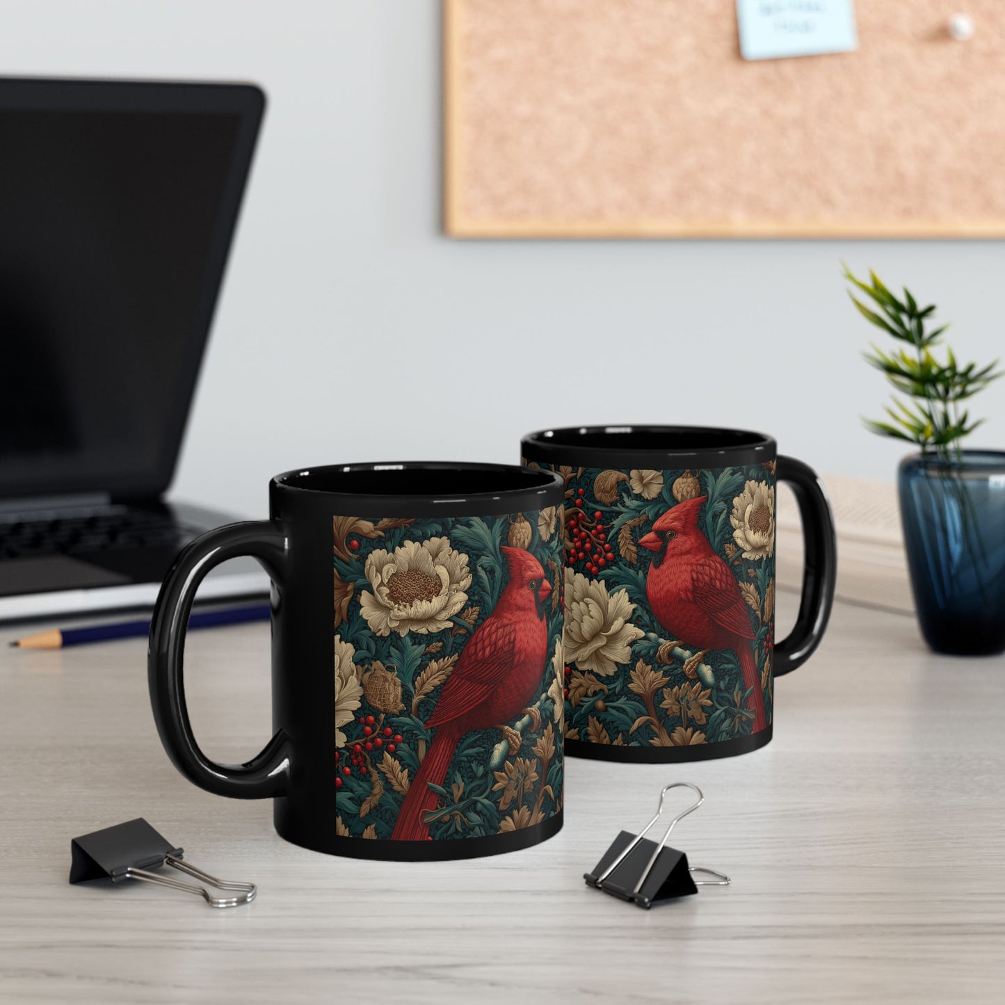 Red Cardinal Coffee Mug William Morris Inspired Floral Black Ceramic Cup (11oz, 15oz)