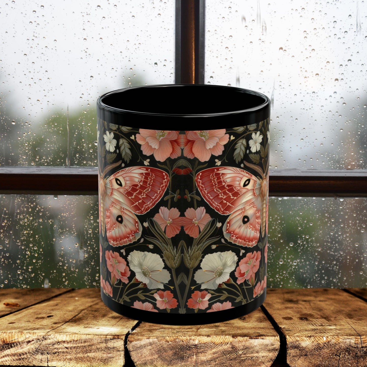 Woodland Pink Primrose Moth William Morris Inspired Black Coffee Mug For Her Him Ceramic Mug Black Mug 11oz, 15oz