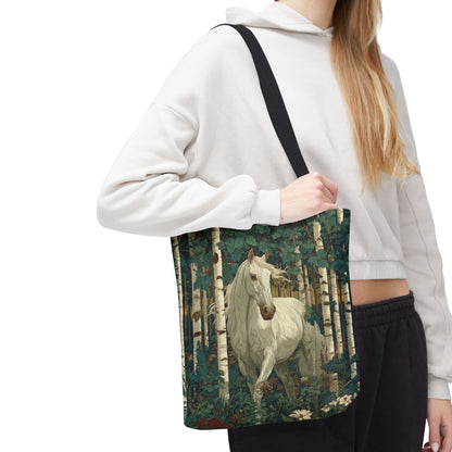 William Morris Inspired White Horse Forest Tote Bag | Woodland Stallion Market Bag